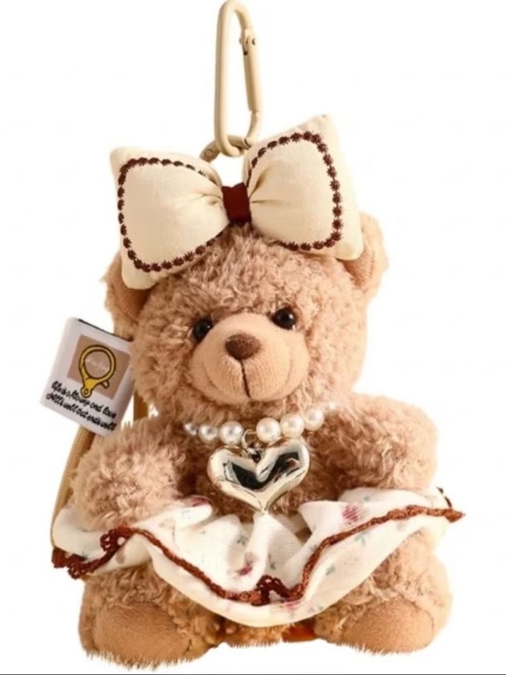 Plush Beige Teddy Bag Charm with Pearl Heart